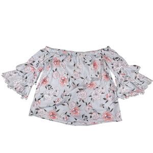 No Comment Blouse 3X Striped Floral Print Tiered Ruffle Bell Sleeve Off Shoulder